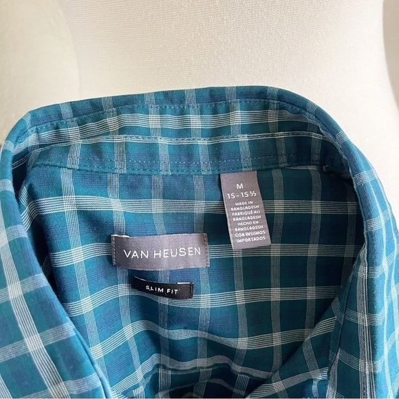 Van Heusen Teal Plaid Cotton Blend  Long Sleeve Shirt Size M Pocket Slim Fit - Picture 5 of 5